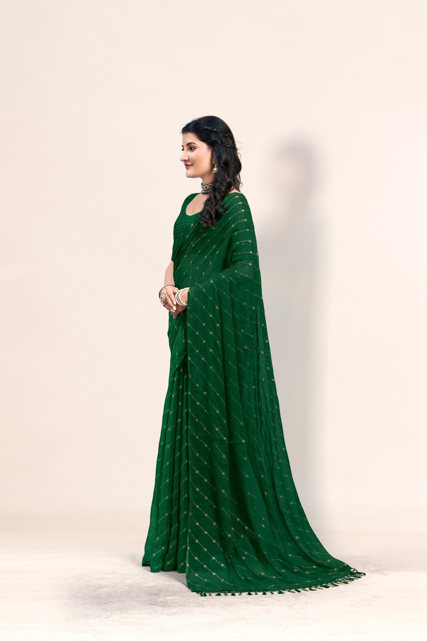 Omex Bottle Green Chiffon Saree with Tone to Tone Matching