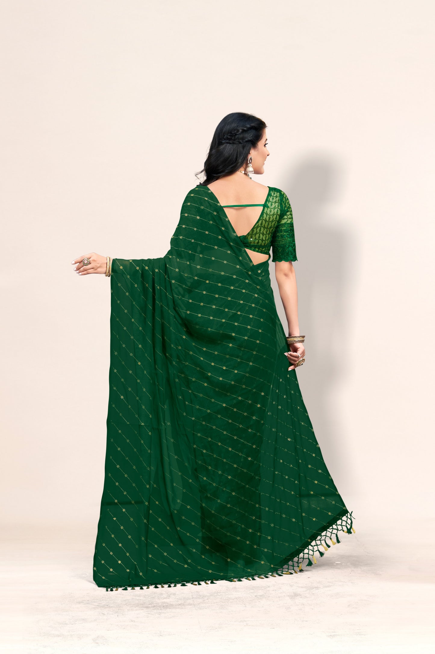 Omex Bottle Green Chiffon Saree with Tone to Tone Matching