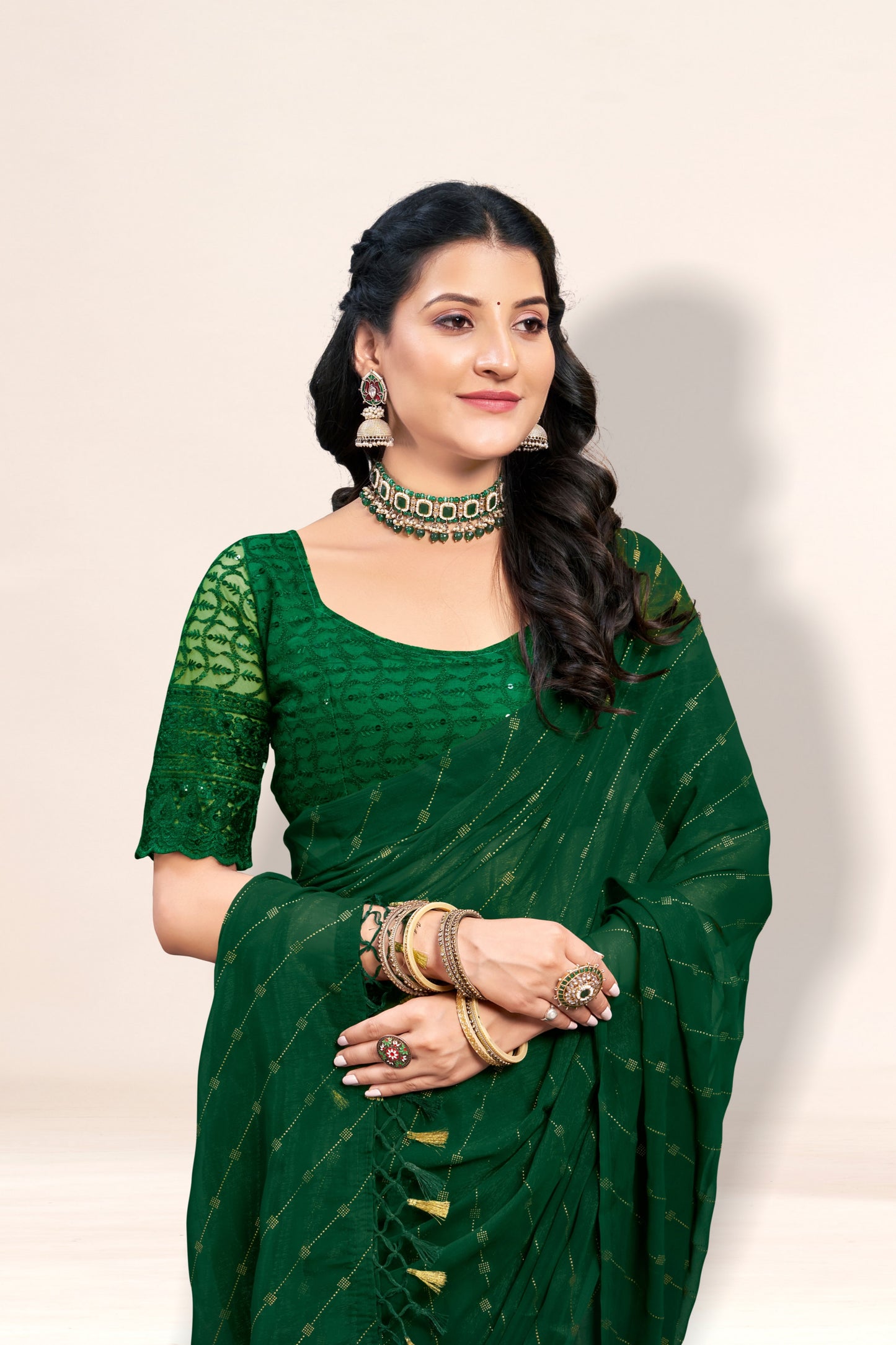 Omex Bottle Green Chiffon Saree with Tone to Tone Matching