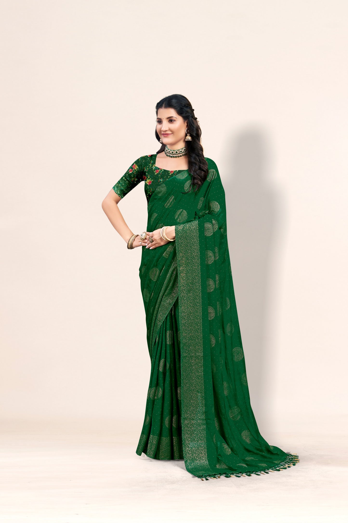 Mangalam Multicolor Moss Saree with Digital Shifli Blouse and Jhaalar Work (3 Colours Available).