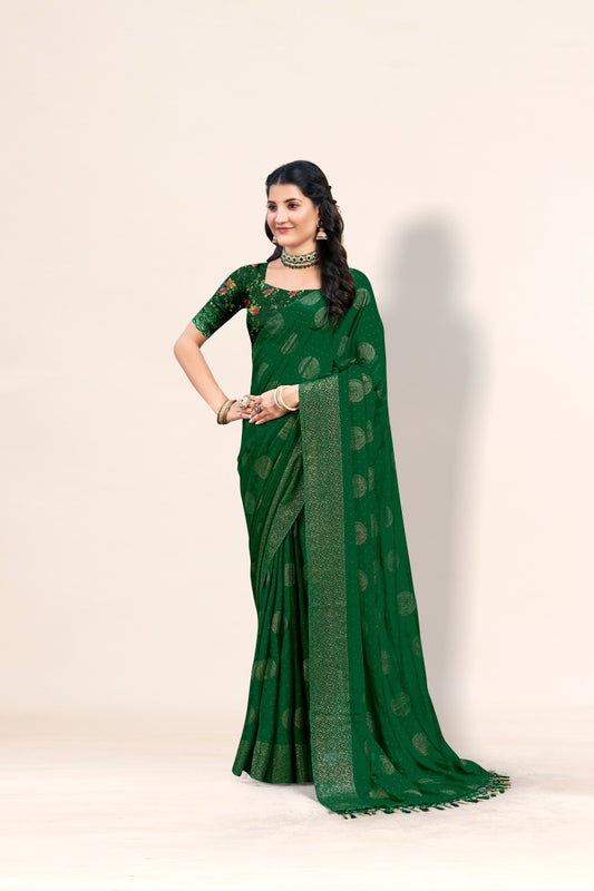 Mangalam Multicolor Moss Saree with Digital Shifli Blouse and Jhaalar Work (4 Colours Available). * (Copy)