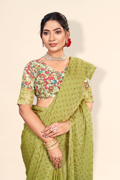 Rado Digital Gold Moss Saree with Digital Printed Blouse and Best Selling Saree Design *