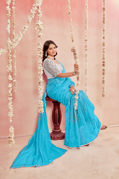 Prince Shilpkala Fashions Fancy Fabric Blouse and Plain Saree with Lace Work (8 Colours Available).