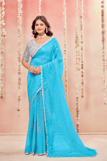 Prince Shilpkala Fashions Fancy Fabric Blouse and Plain Saree with Lace Work (8 Colours Available).