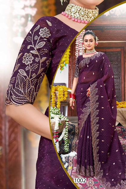 Gold Leaves Work Saree in Jimmy Choo Fabric – Elegant Design with a Touch of Luxury (8 Colours Avaialble).