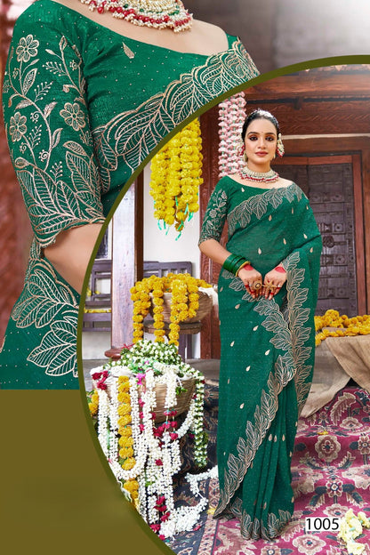 Gold Leaves Work Saree in Jimmy Choo Fabric – Elegant Design with a Touch of Luxury (8 Colours Avaialble).