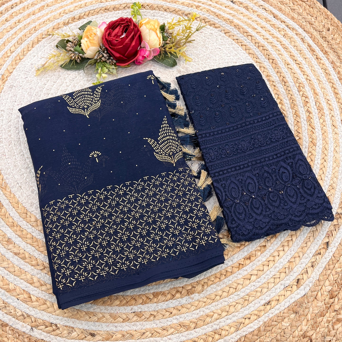 Neem Navy Blue Organza Saree with Digital Printed Shifli Blouse .