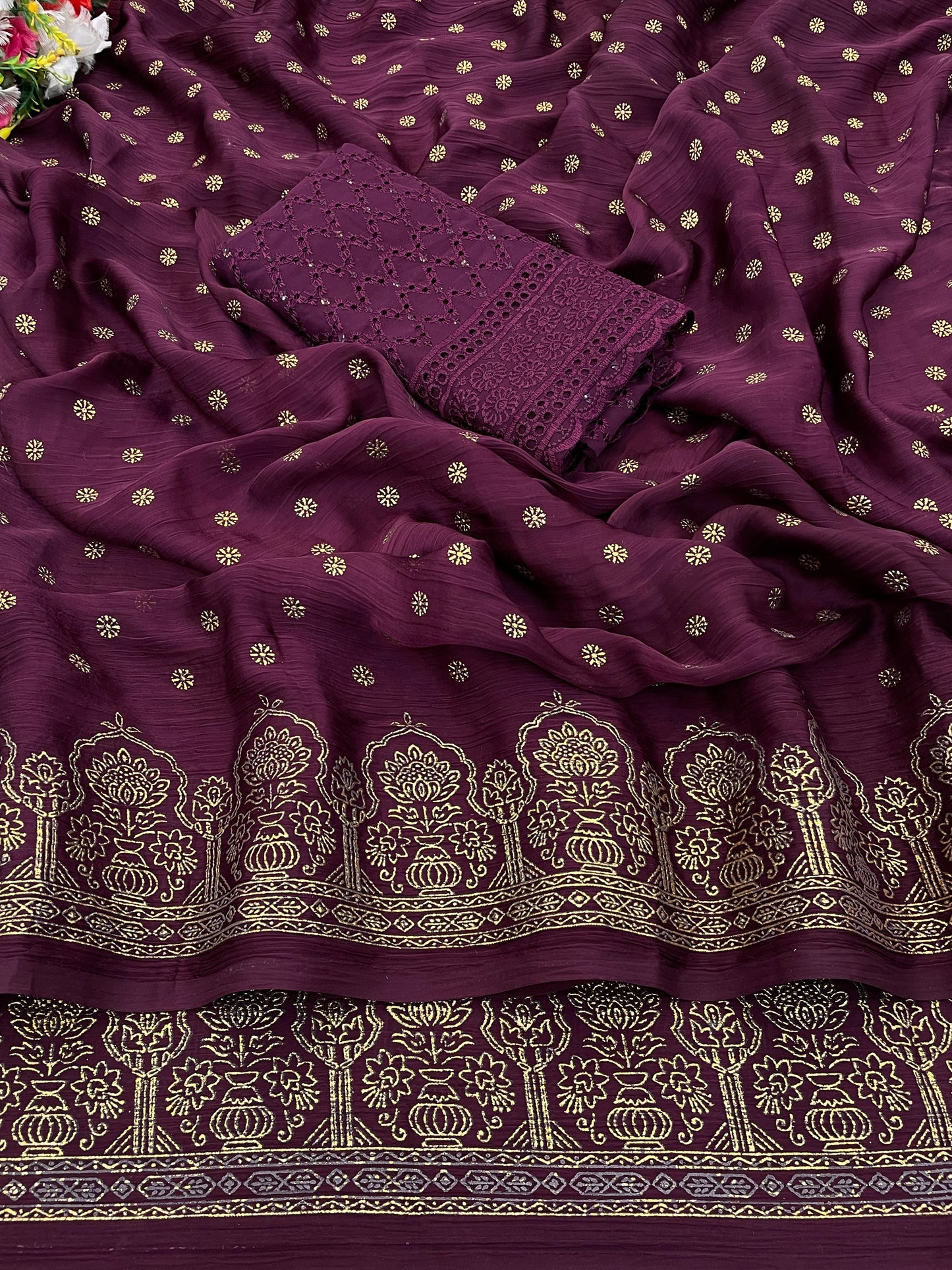 Ramrasiyan Magenta Georgette Saree with Cotton Blouse