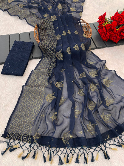 Neem Navy Blue Organza Saree with Digital Printed Shifli Blouse .