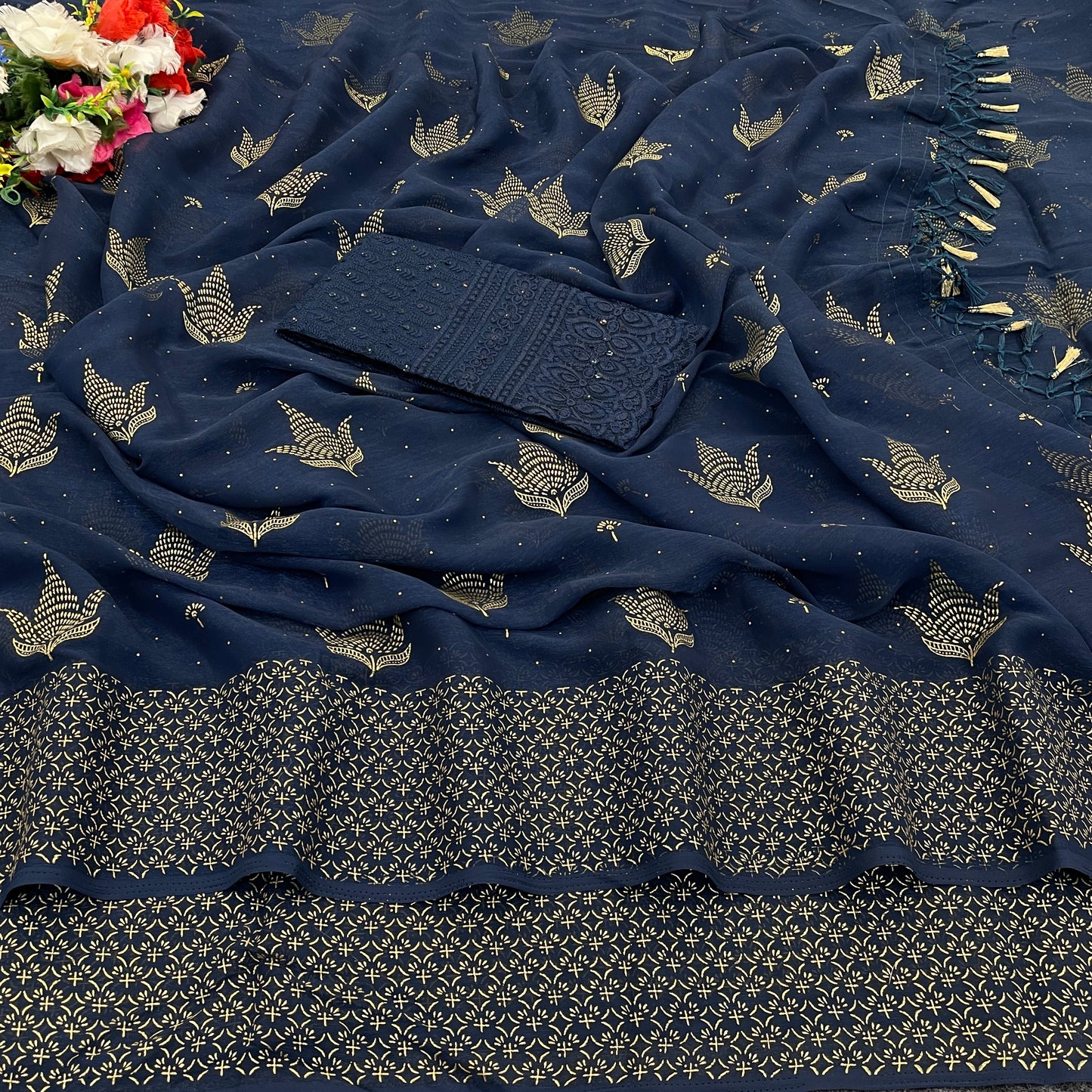 Neem Navy Blue Organza Saree with Digital Printed Shifli Blouse .