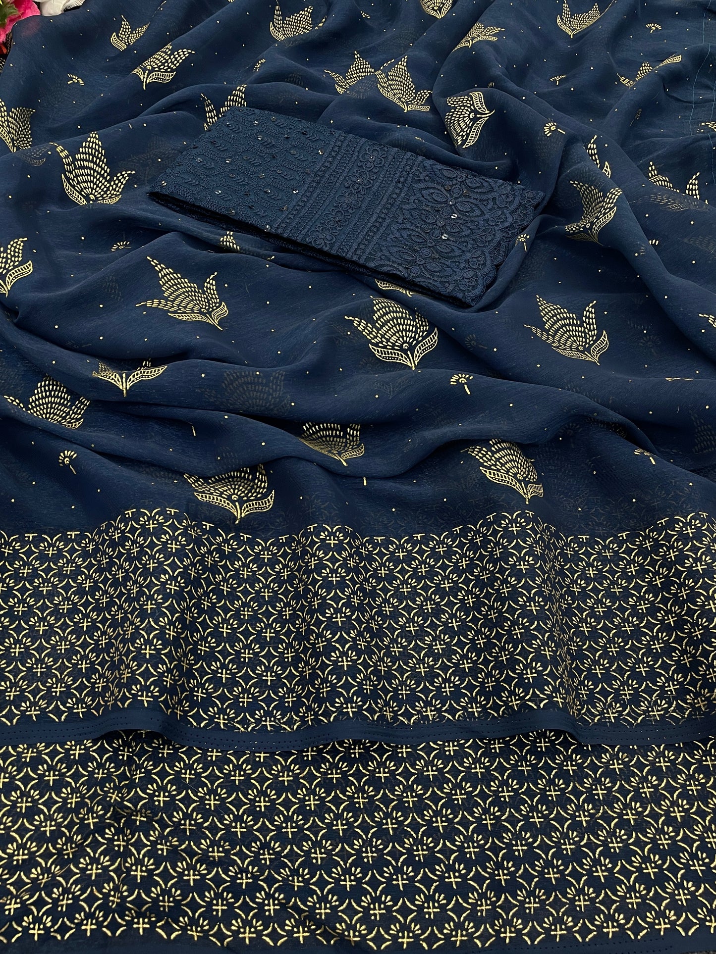 Neem Navy Blue Organza Saree with Digital Printed Shifli Blouse .