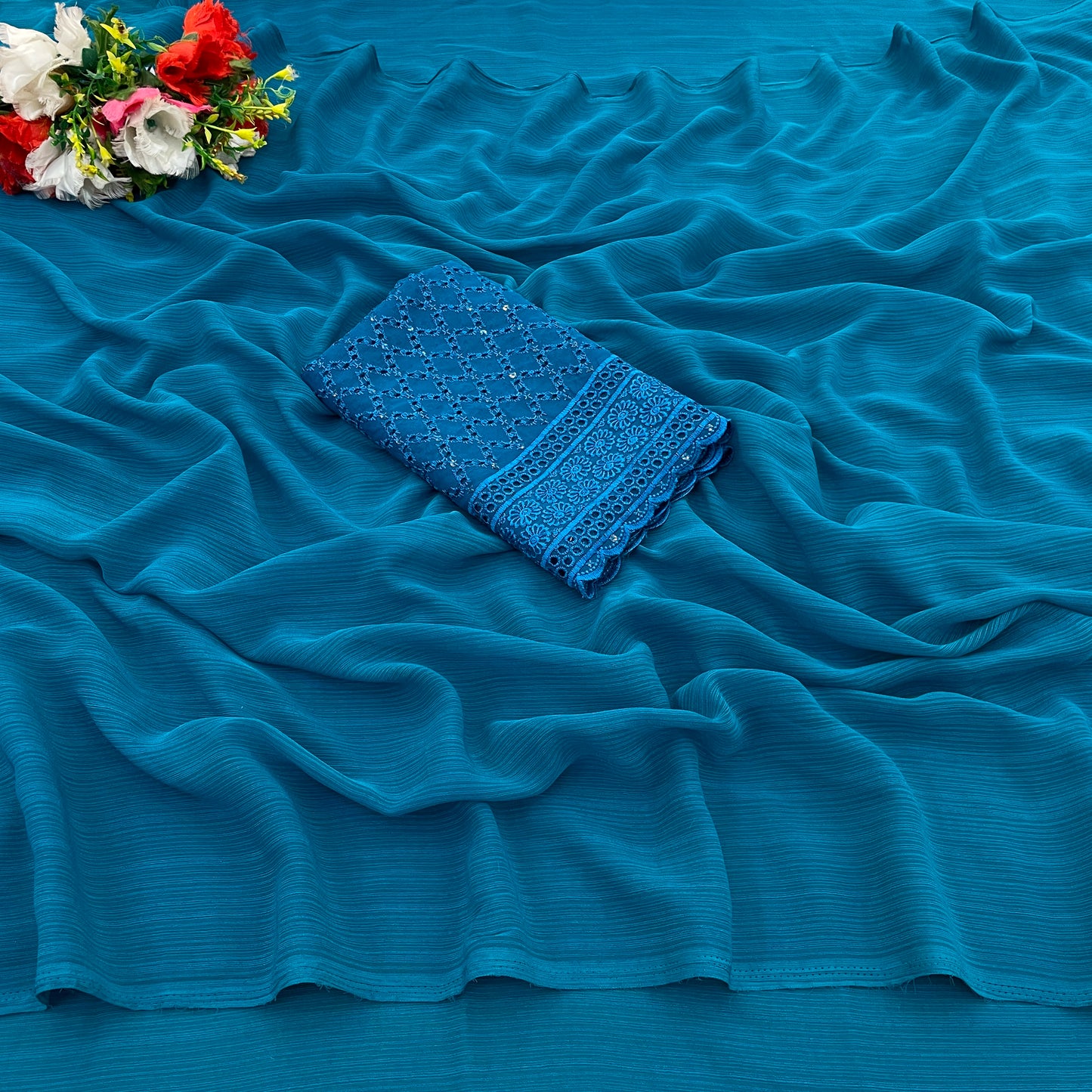 Azure Beauty with Zomato Dark Tone-to-Tone Fabric – Sophisticated & Stylish!(Zomato Dark Chanderi tone to tone)