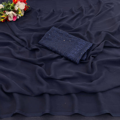 Azure Beauty with Zomato Dark Tone-to-Tone Fabric – Sophisticated & Stylish!(Zomato Dark Chanderi tone to tone)