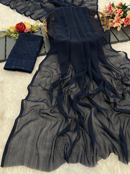 Azure Beauty with Zomato Dark Tone-to-Tone Fabric – Sophisticated & Stylish!(Zomato Dark Chanderi tone to tone)