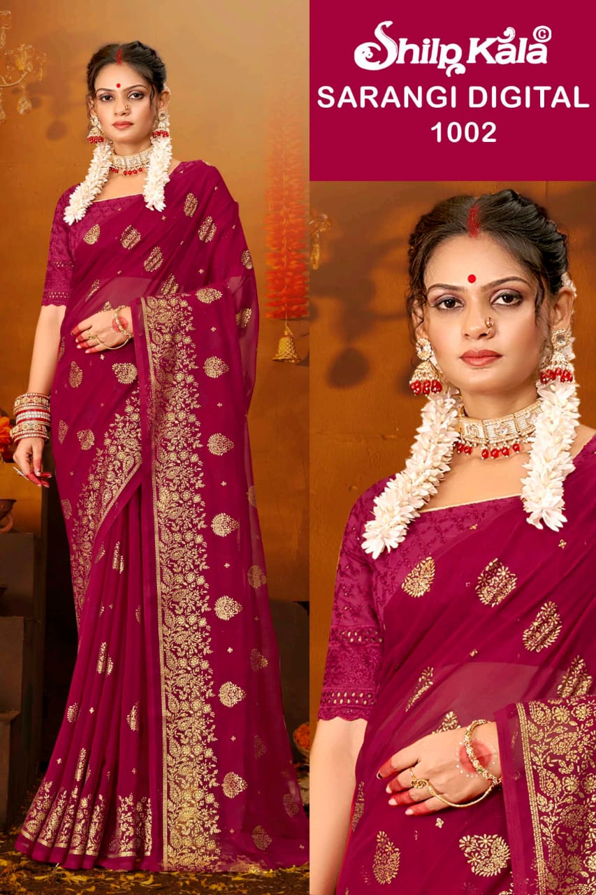 Sarangi Multicolor Georgette Saree with Chanderi Blouse and Tone to Tone Matching.