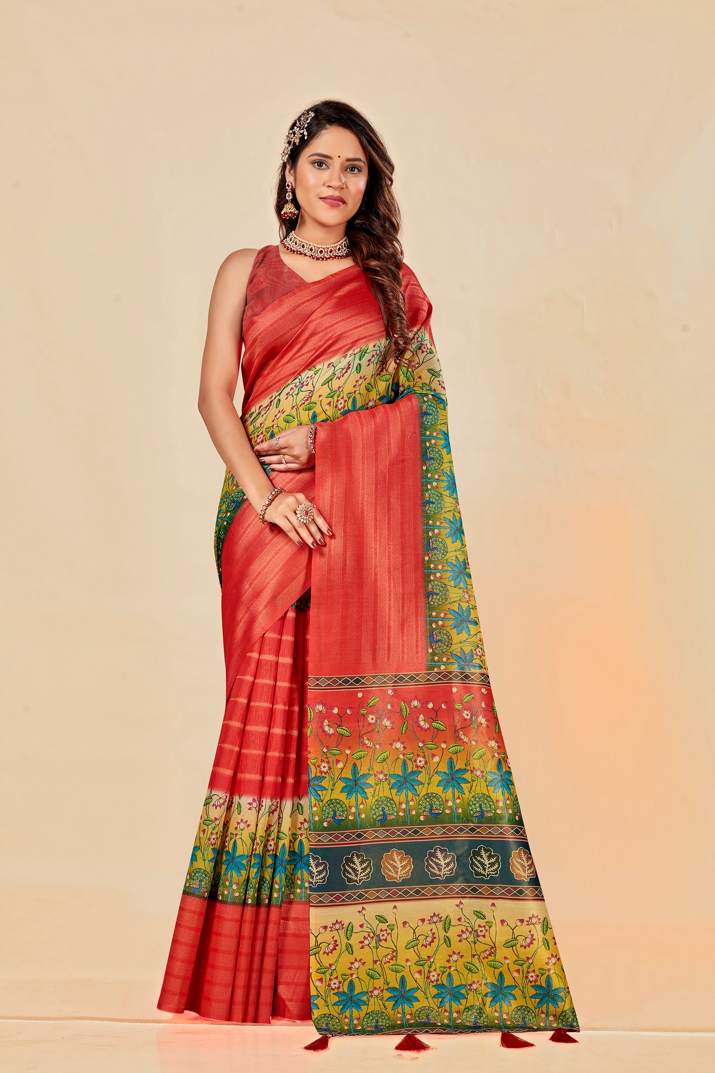 Malabar Multicolour Jacquard Saree with Elegant Digital Print 12 (8 Colours Available).