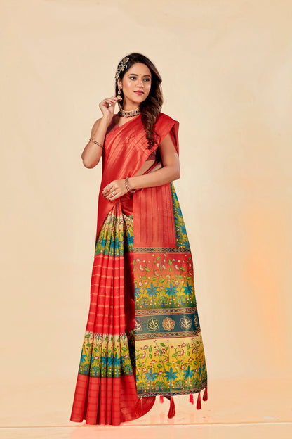 Malabar Multicolour Jacquard Saree with Elegant Digital Print 12 (8 Colours Available).