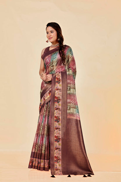 Malabar Multicolour Jacquard Saree with Elegant Digital Print 14.(8 Colours Available).