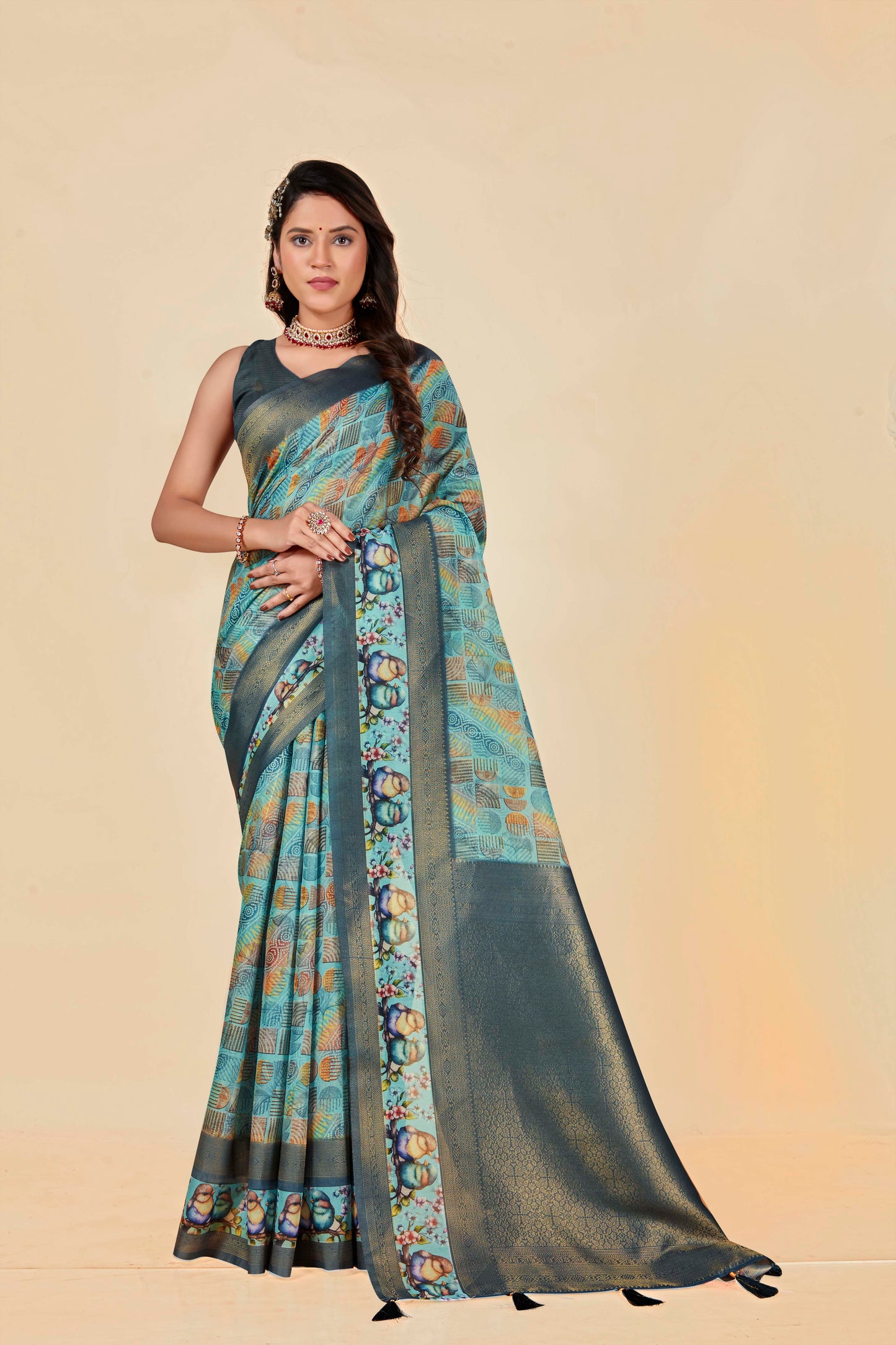 Malabar Multicolour Jacquard Saree with Elegant Digital Print 14.(8 Colours Available).