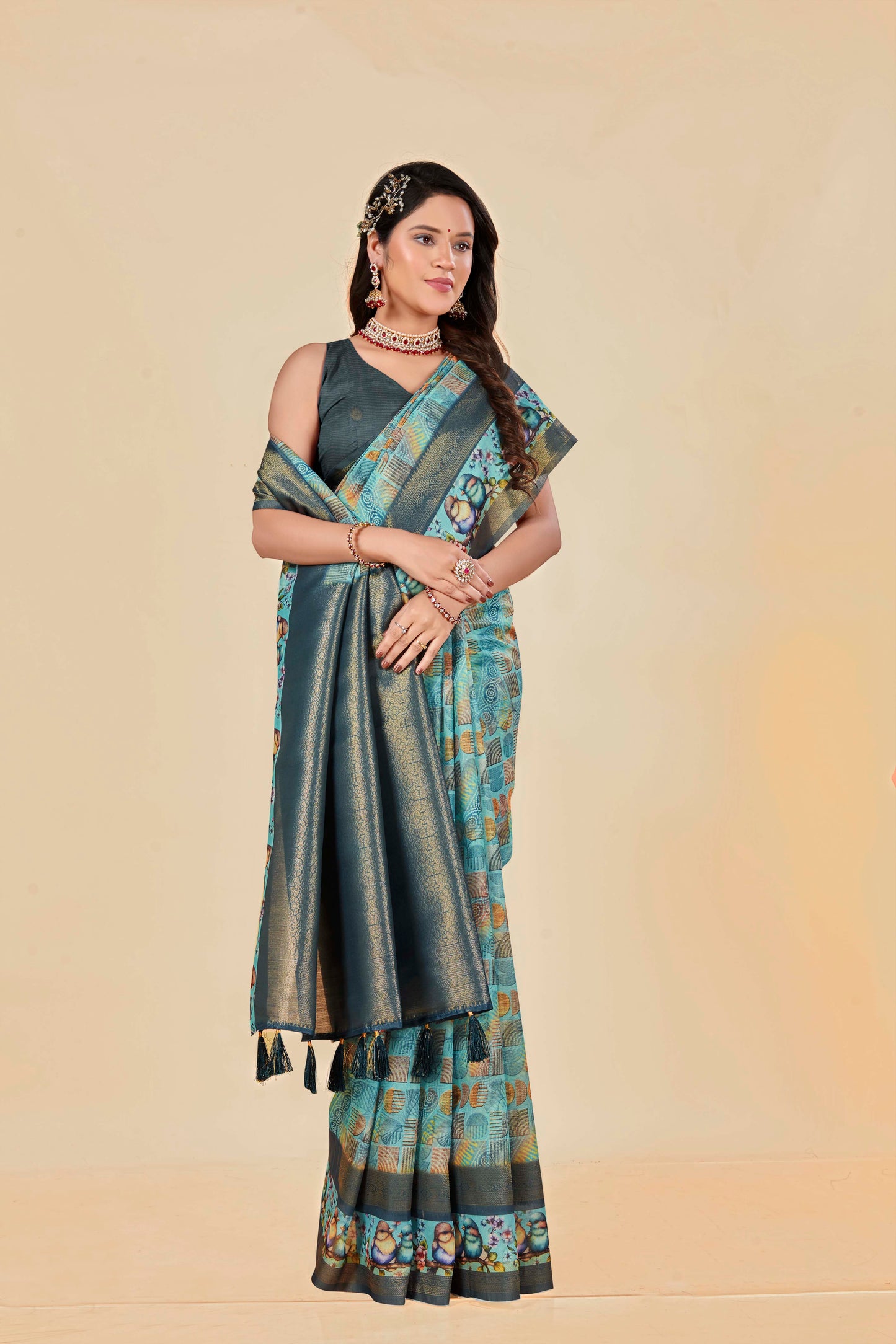 Malabar Multicolour Jacquard Saree with Elegant Digital Print 14.(8 Colours Available).