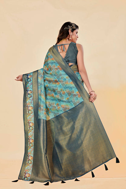 Malabar Multicolour Jacquard Saree with Elegant Digital Print 14.(8 Colours Available).