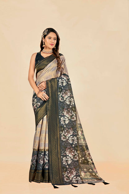 Malabar Multicolour Jacquard Saree with Elegant Digital Print 5.(8 Colours Available).