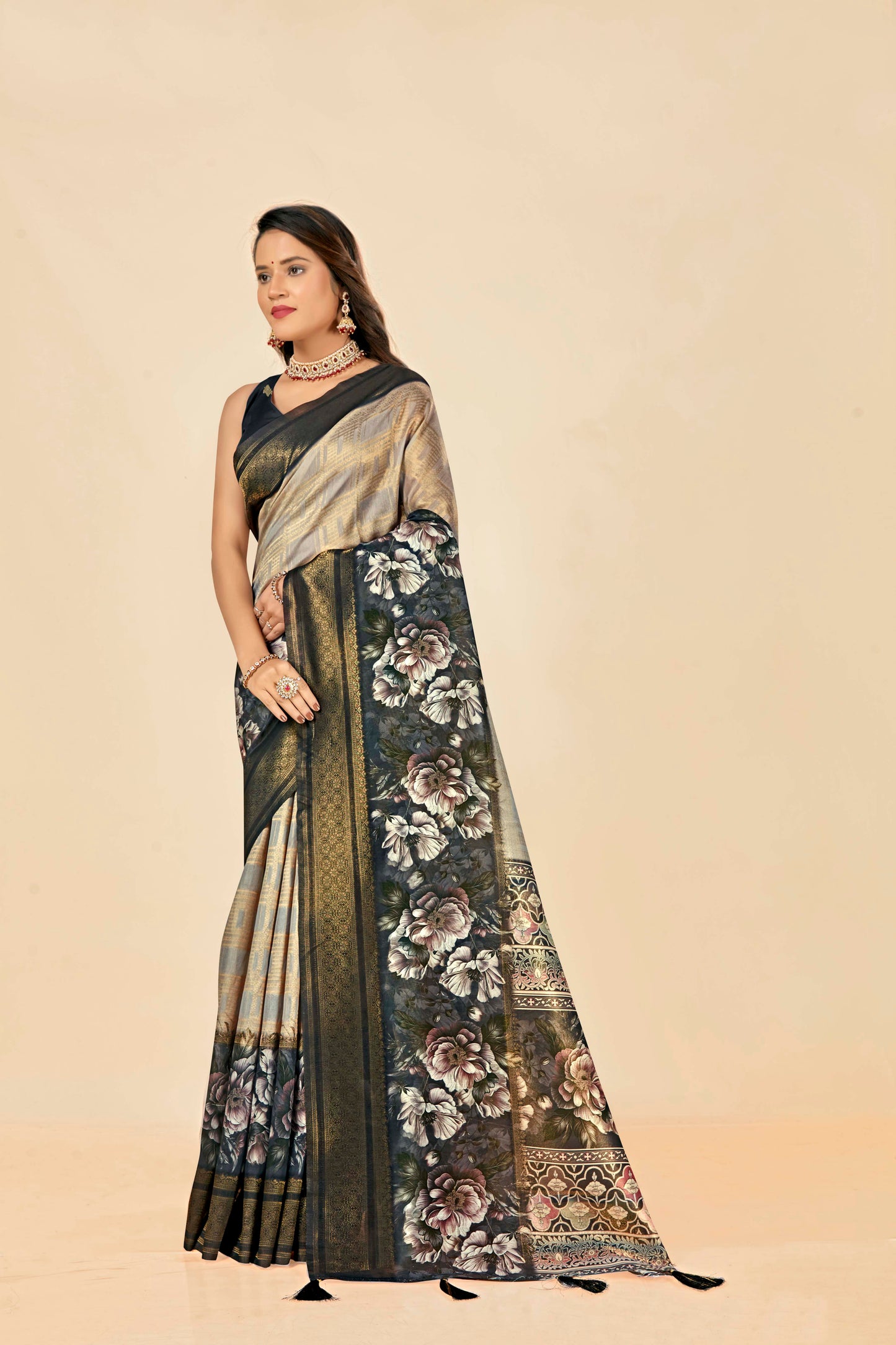 Malabar Multicolour Jacquard Saree with Elegant Digital Print 5.(8 Colours Available).