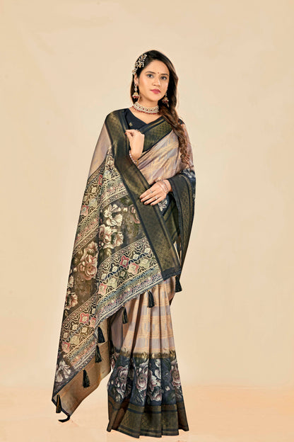 Malabar Multicolour Jacquard Saree with Elegant Digital Print 5.(8 Colours Available).