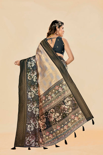 Malabar Multicolour Jacquard Saree with Elegant Digital Print 5.(8 Colours Available).