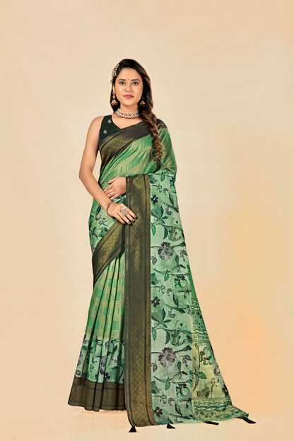 Malabar Multicolour Jacquard Saree with Elegant Digital Print 5.(8 Colours Available).