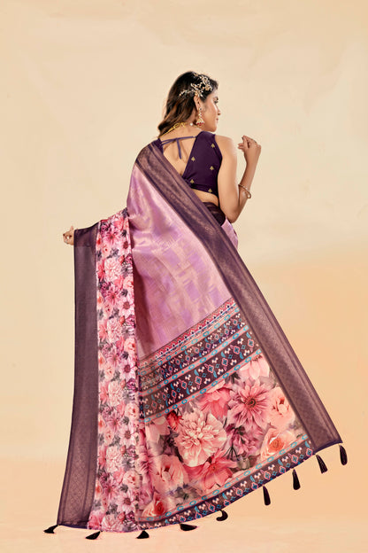 Malabar Multicolour Jacquard Saree with Elegant Digital Print 5.(8 Colours Available).