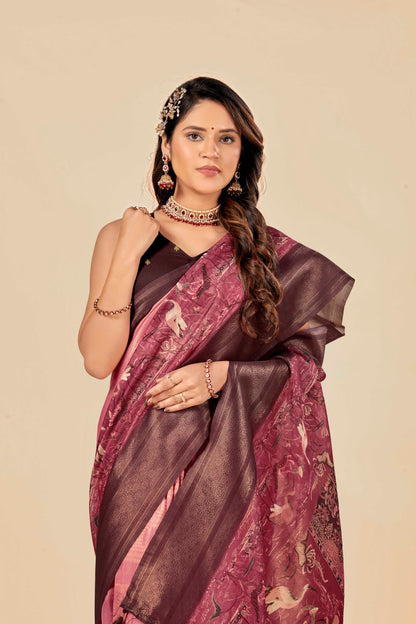 Malabar Multicolour Jacquard Saree with Elegant Digital Print 5.(8 Colours Available).