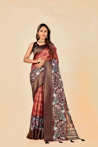 Malabar Multicolour Jacquard Saree with Elegant Digital Print 5.(8 Colours Available).