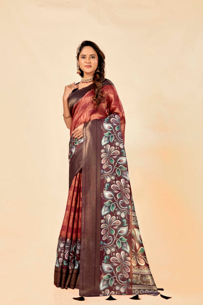 Malabar Multicolour Jacquard Saree with Elegant Digital Print 5.(8 Colours Available).