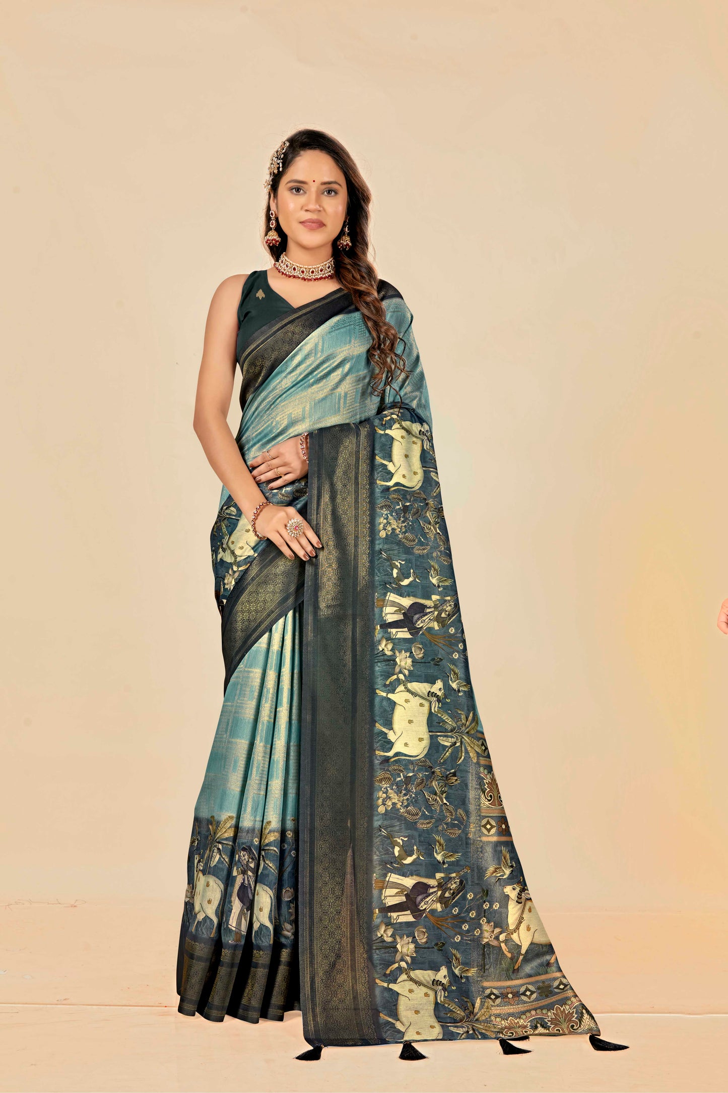 Malabar Multicolour Jacquard Saree with Elegant Digital Print 5.(8 Colours Available).