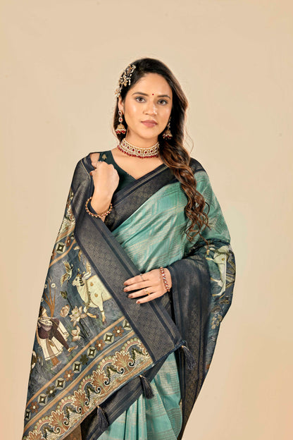 Malabar Multicolour Jacquard Saree with Elegant Digital Print 5.(8 Colours Available).