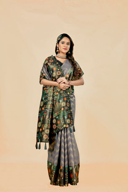 Malabar Multicolour Jacquard Saree with Elegant Digital Print 11 (6 Colours Available).