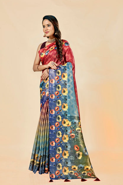 Malabar Multicolour Jacquard Saree with Elegant Digital Print 11 (6 Colours Available).