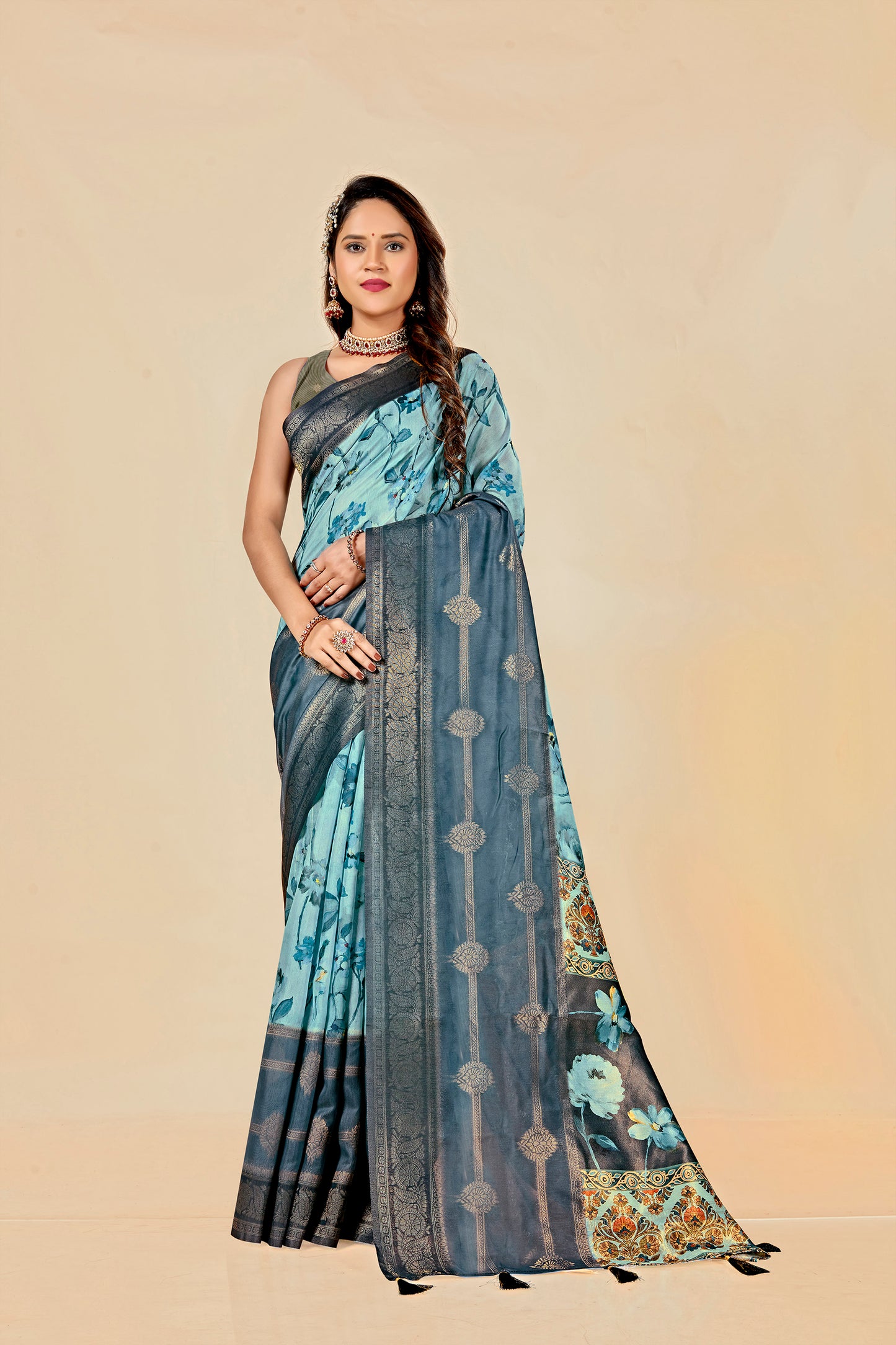 Malabar Multicolour Jacquard Saree with Elegant Digital Print 8 (8 Colours Available).