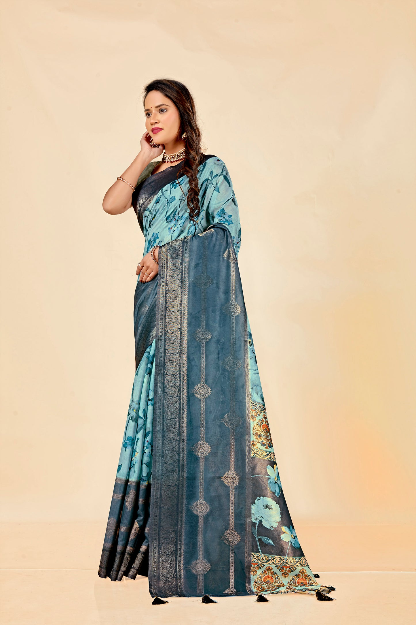 Malabar Multicolour Jacquard Saree with Elegant Digital Print 13. (8 Colours Available).