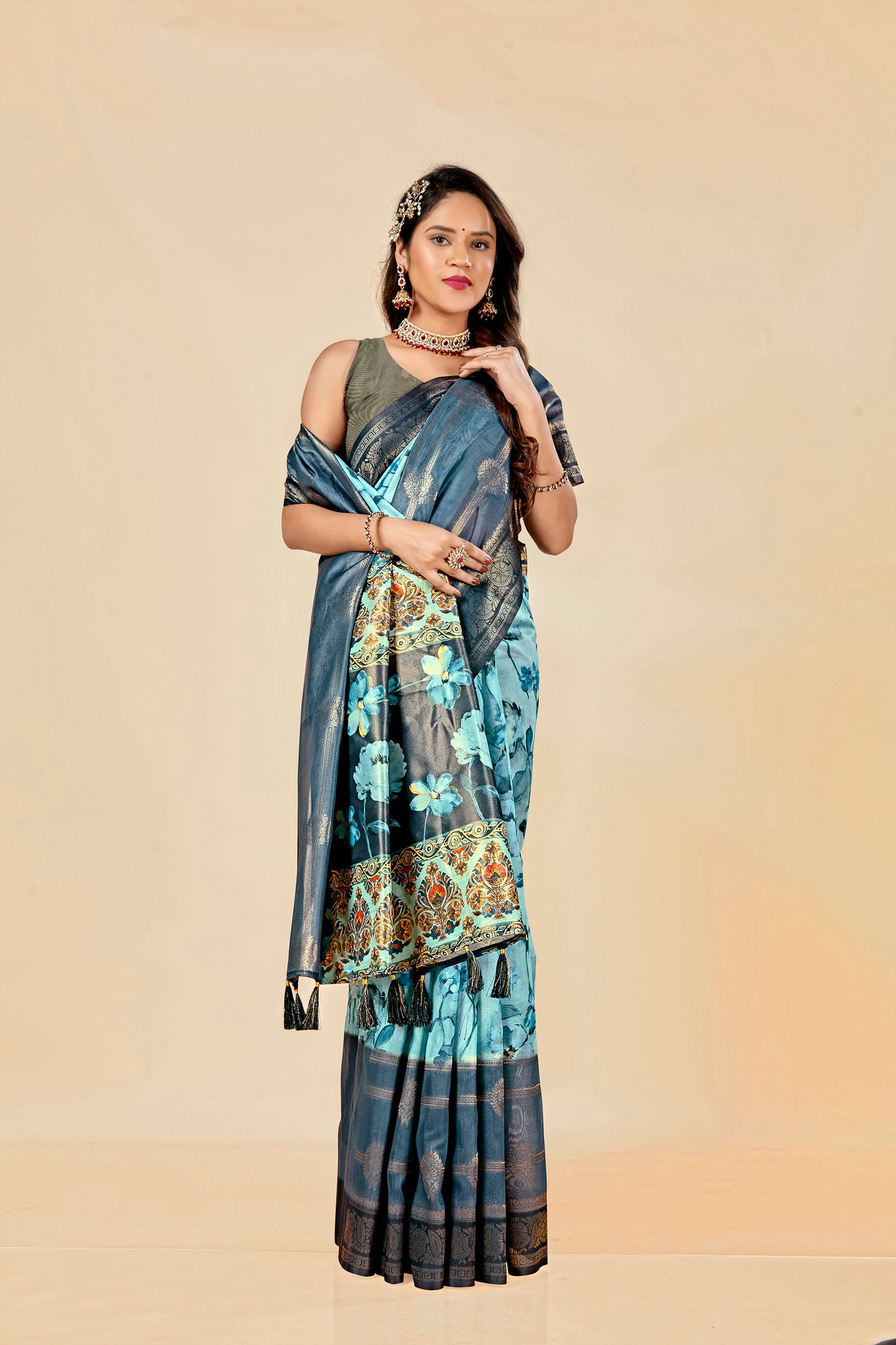 Malabar Multicolour Jacquard Saree with Elegant Digital Print 8 (8 Colours Available).