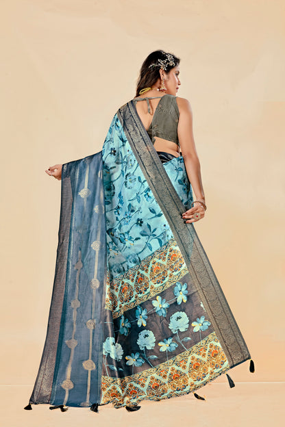 Malabar Multicolour Jacquard Saree with Elegant Digital Print 13. (8 Colours Available).