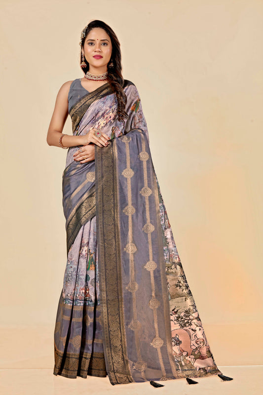 Malabar Multicolour Jacquard Saree with Elegant Digital Print 13. (8 Colours Available).