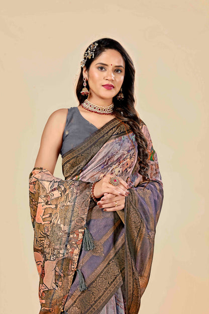 Malabar Multicolour Jacquard Saree with Elegant Digital Print 13. (8 Colours Available).