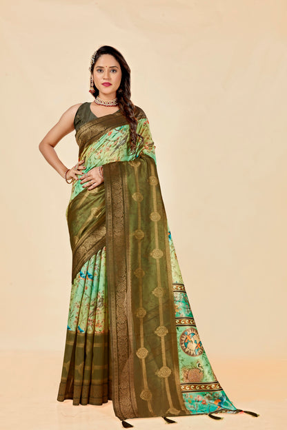 Malabar Multicolour Jacquard Saree with Elegant Digital Print 13. (8 Colours Available).