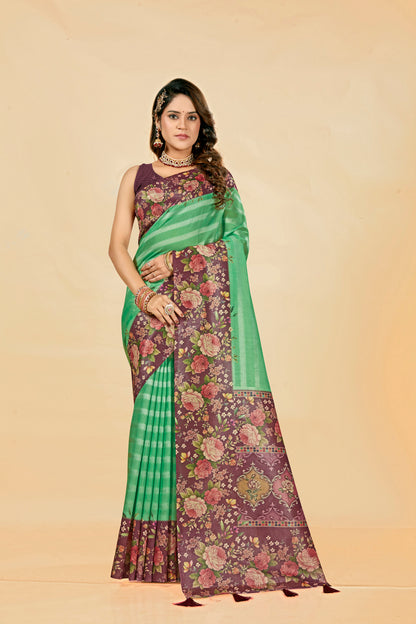 Malabar Multicolour Jacquard Saree with Elegant Digital Print 6.(8 Colours Available).