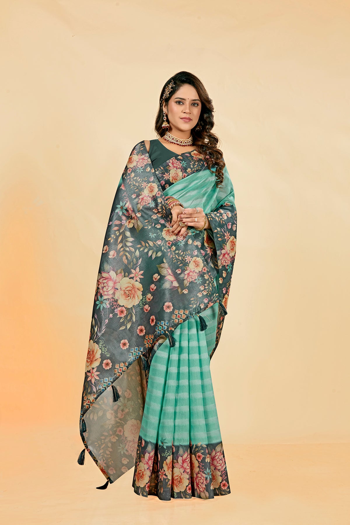 Malabar Multicolour Jacquard Saree with Elegant Digital Print 6.(8 Colours Available).