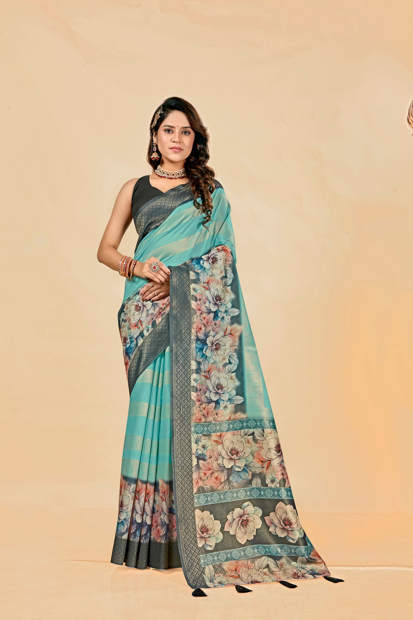 Malabar Multicolour Jacquard Saree with Elegant Digital Print 15. (8 Colours Available).