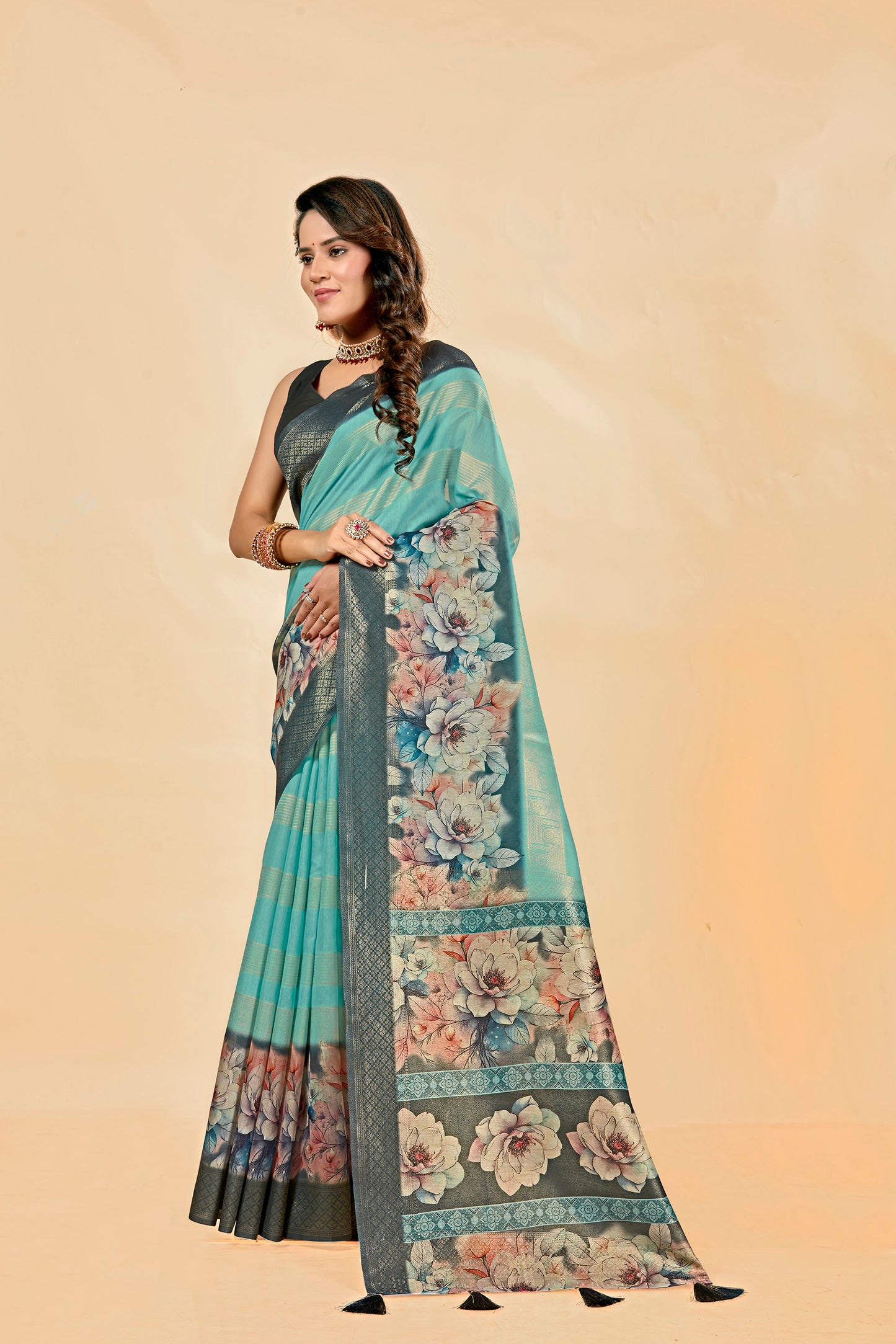 Malabar Multicolour Jacquard Saree with Elegant Digital Print 15. (8 Colours Available).