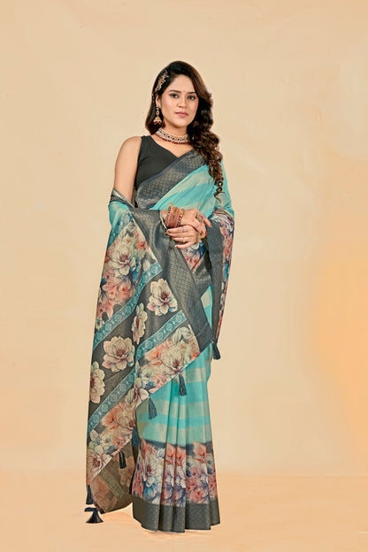 Malabar Multicolour Jacquard Saree with Elegant Digital Print 15. (8 Colours Available).